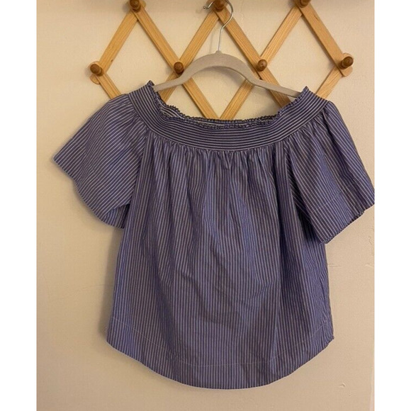 J Crew Top Women's 00 Blue Short Sleeve Blouse Off The Shoulder Nautical - Picture 2 of 7